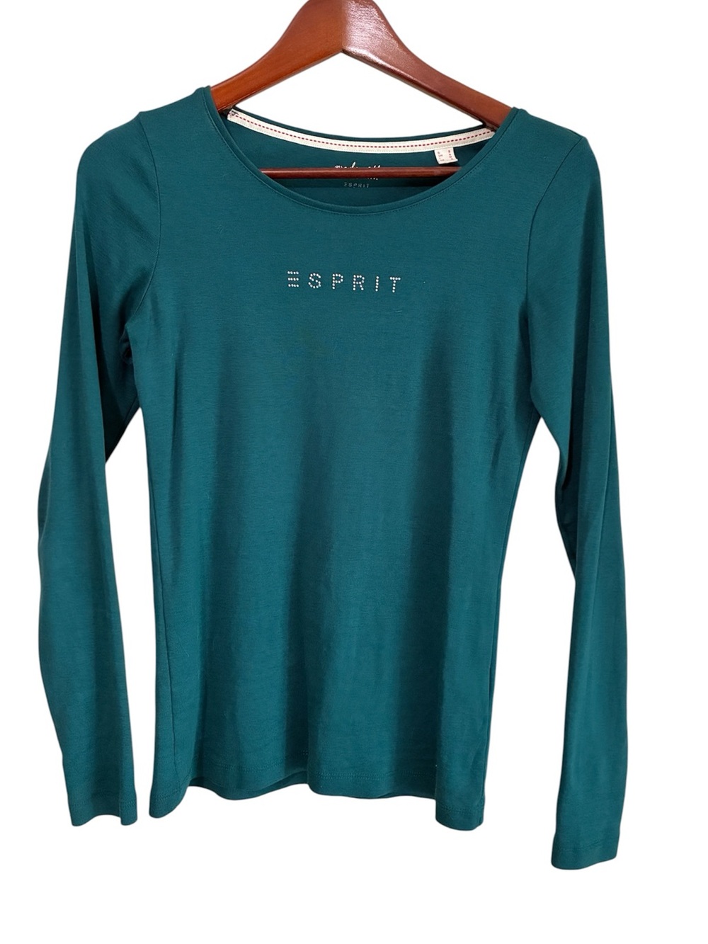 Esprit Women's Teal 100% Cotton Long Sleeve Beaded Tee Top Size Small